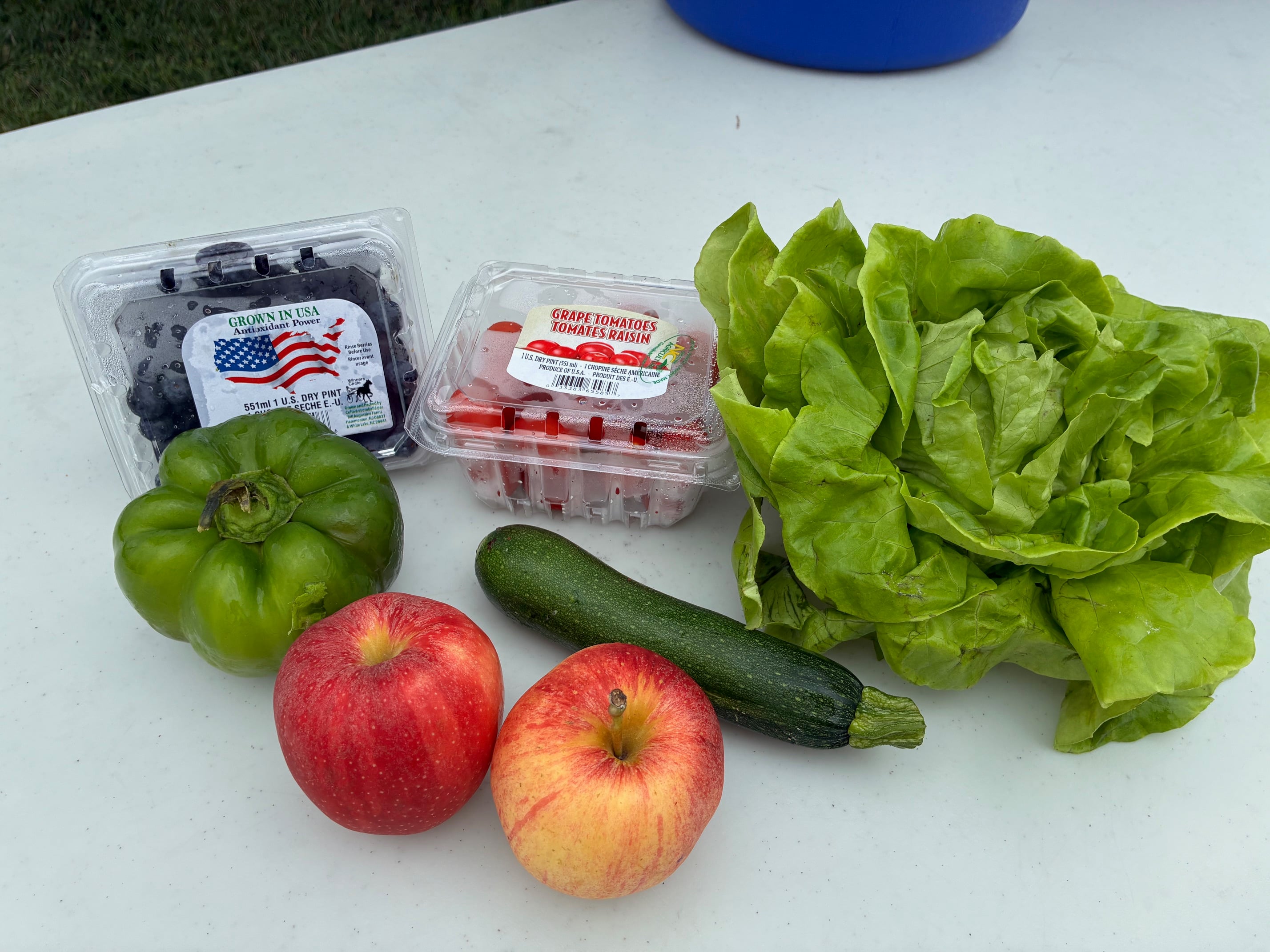 Summer produce bag contents, including lettuce, tomatoes, and blueberries.