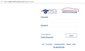 Screenshot of Parent Canvas Logon page with link indicated