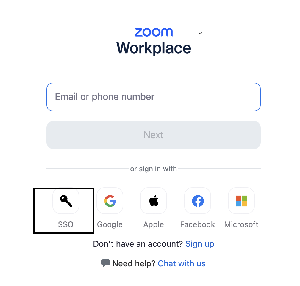 Screenshot of Zoom sign in screen. Choose Sign in with SSO.