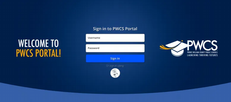 د PWCS پورټل ته د ننوتلو په سکرین کی د PWCS لوګو سره د کارونکی د نوم لیکلو او د پاسورډ لیکلو ځایونه ښکاره کیږي.