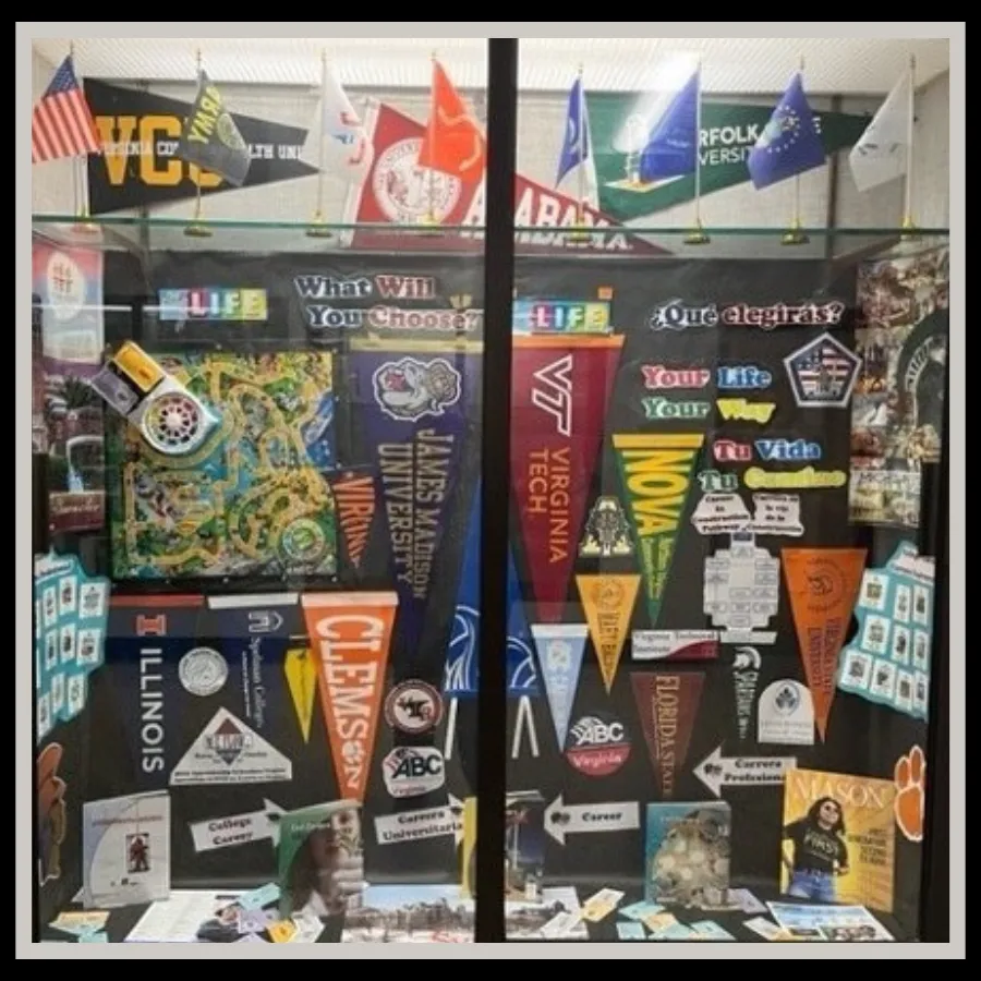 Beville Middle School display case showcasing college and career information