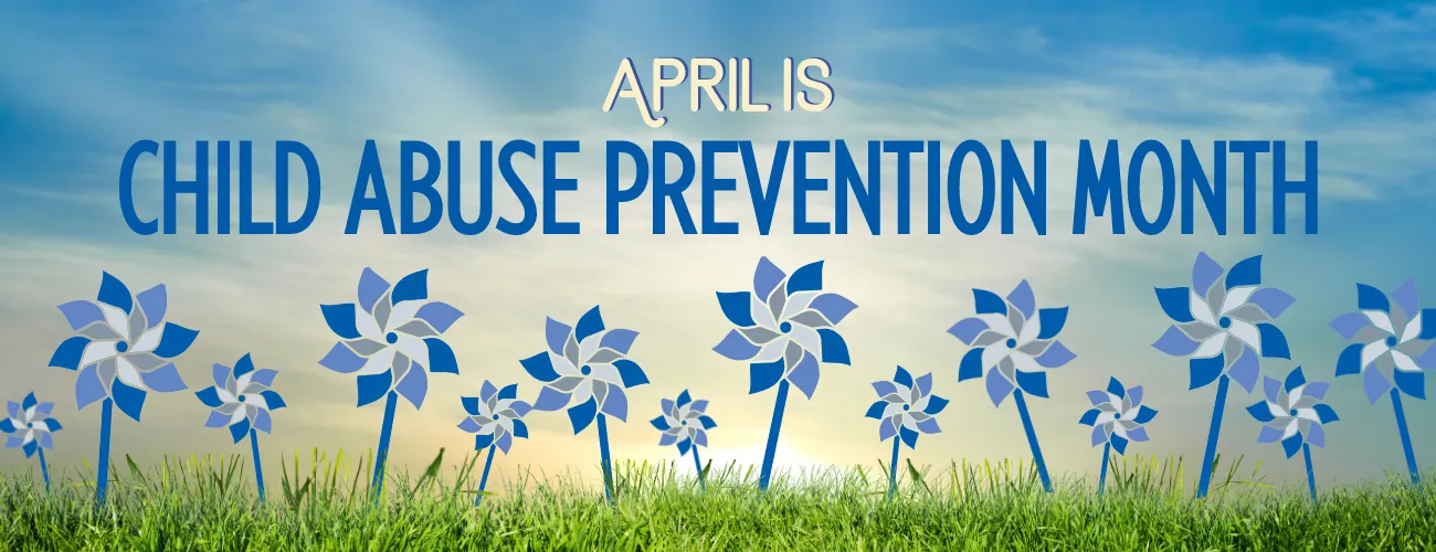 Child Abuse Prevention Month webpage banner featuring blue pinwheels and blue sky