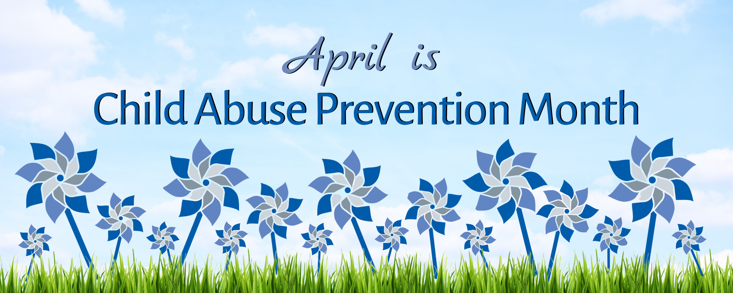 Child Abuse Prevention Month webpage banner with drawings of pinwheels in grass with a blue sky background