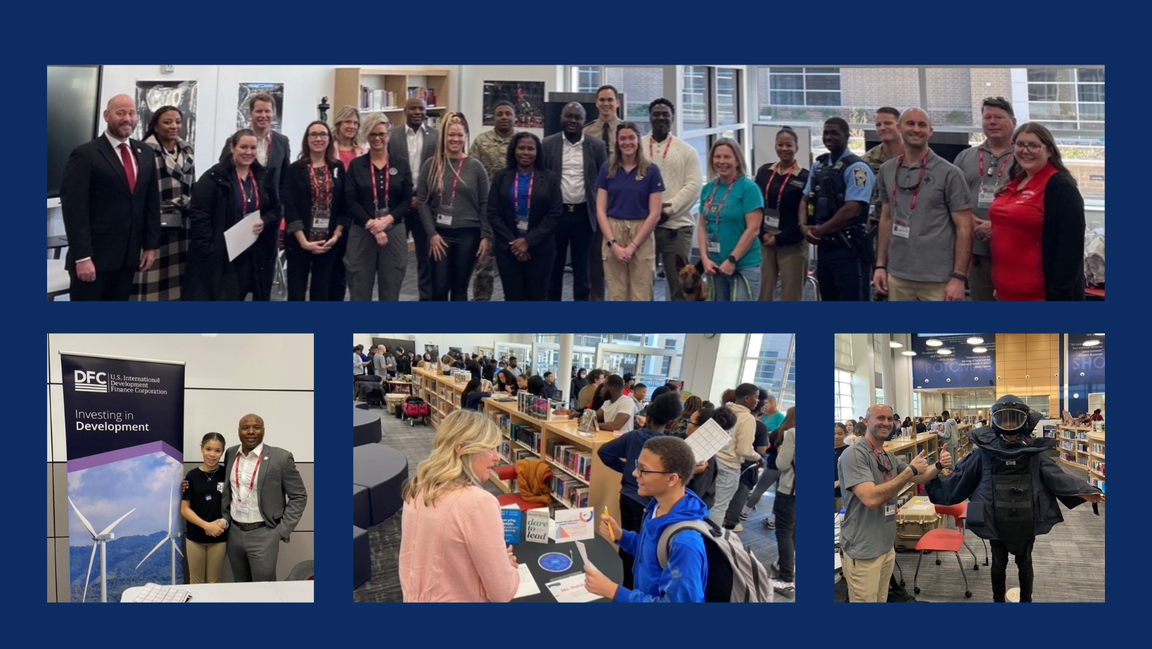 Collage of photos taken from the Potomac Shores Career Fair showing students and presenters