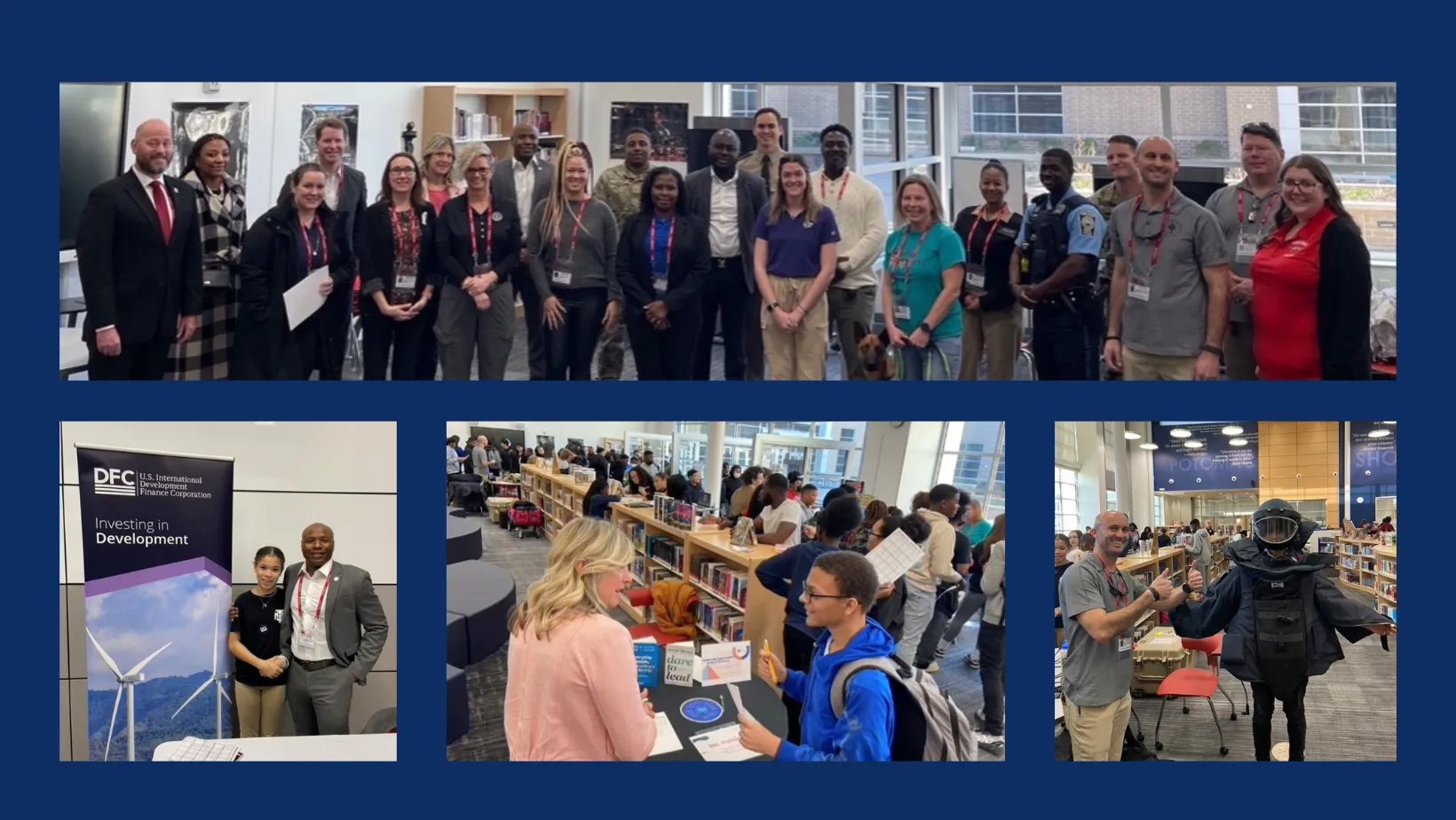 Collage of photos taken from the Potomac Shores Career Fair showing students and presenters