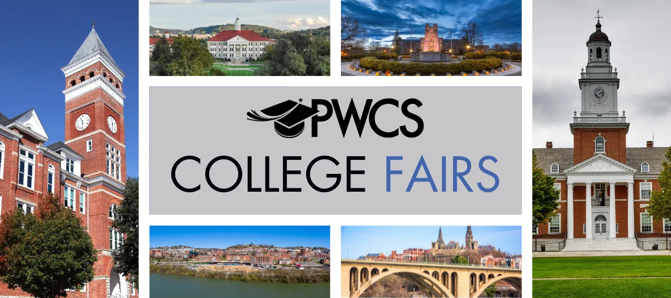 PWCS College Fair webpage banner featuring a collage of different universities