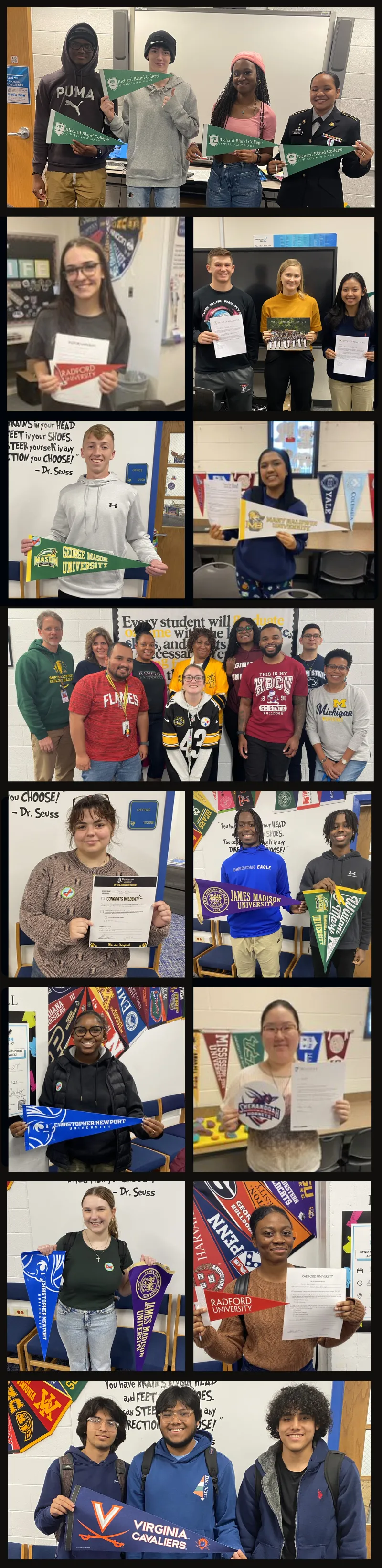 Photo collage of various seniors across the school division who applied to colleges during Virginia College Application week.  Collage shows students holding pendants from colleges they applied to.