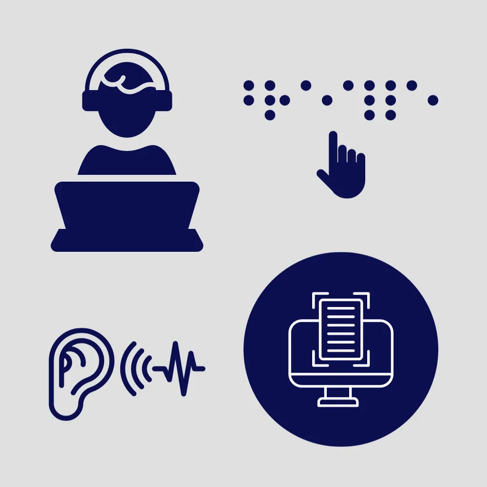 graphic icons showing testing accommodations - headphones with computer, braille, and hear showing auditory sound, and icon for screen reader 