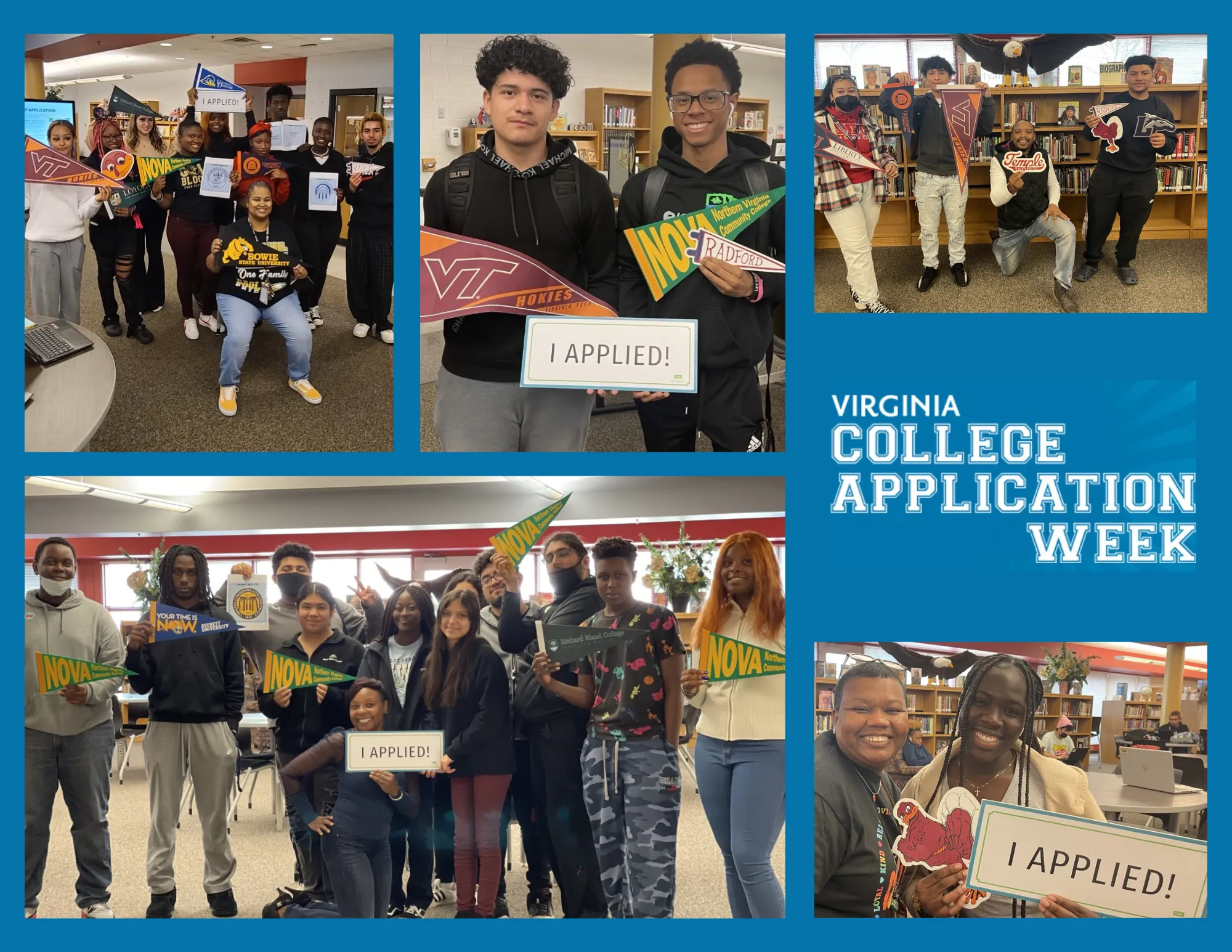 Collage of photos featuring groups of Freedom High School students who submitted college applications in October