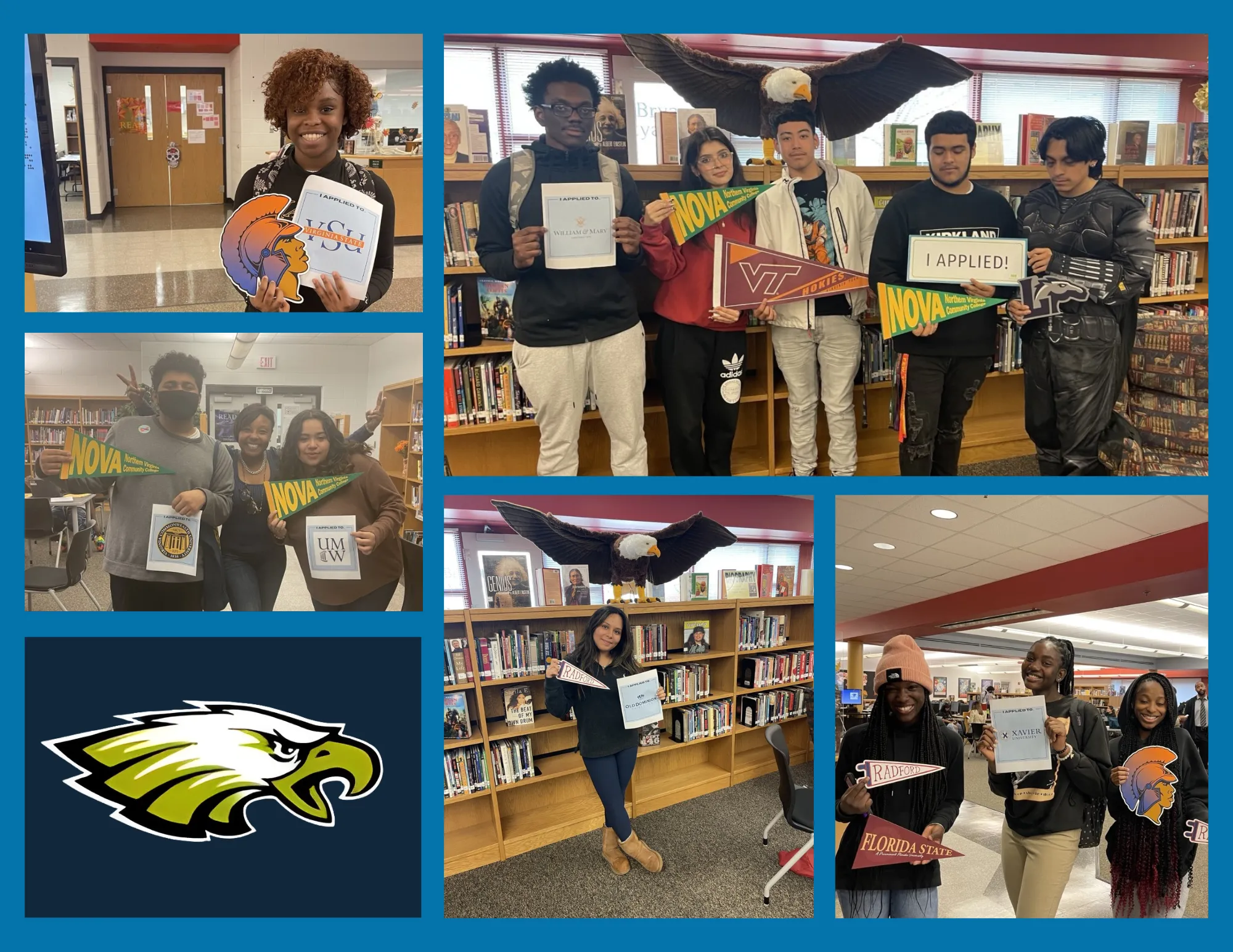 Collage of photos featuring groups of Freedom High School students who submitted college applications in October