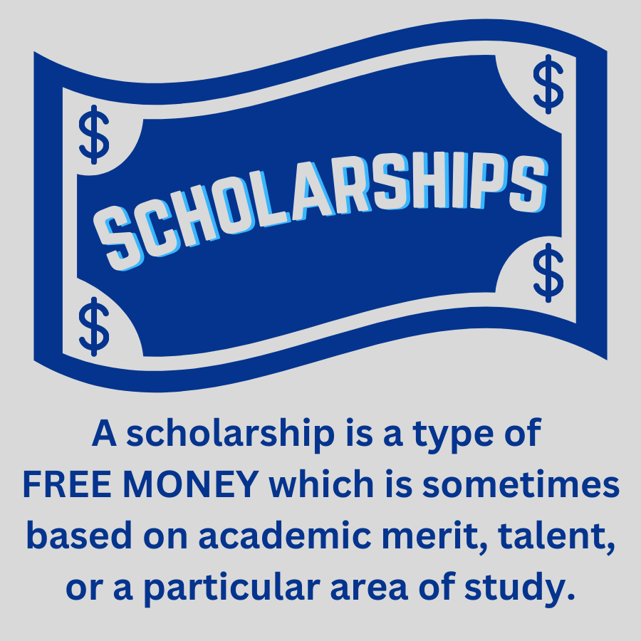 Graphic of dollar bill with the word scholarships and description reading A scholarship is a type of  FREE MONEY which is sometimes based on academic merit, talent, or a particular area of study.