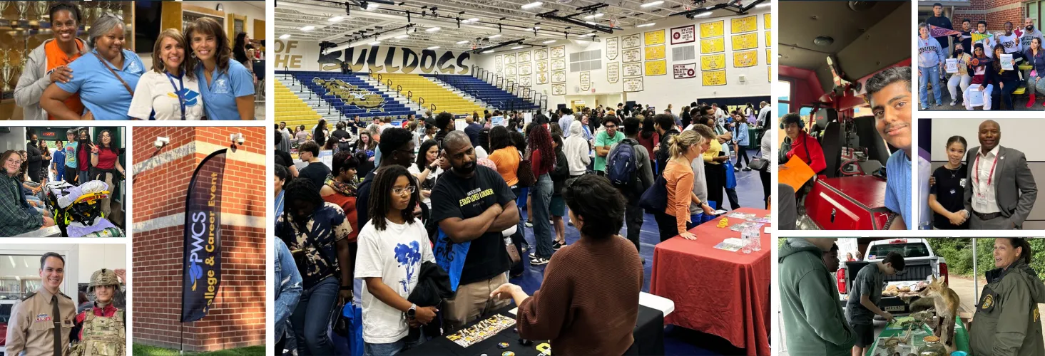 Photo collage banner featuring students at various events throughout PWCS to include college fairs, transportation fair and career days.