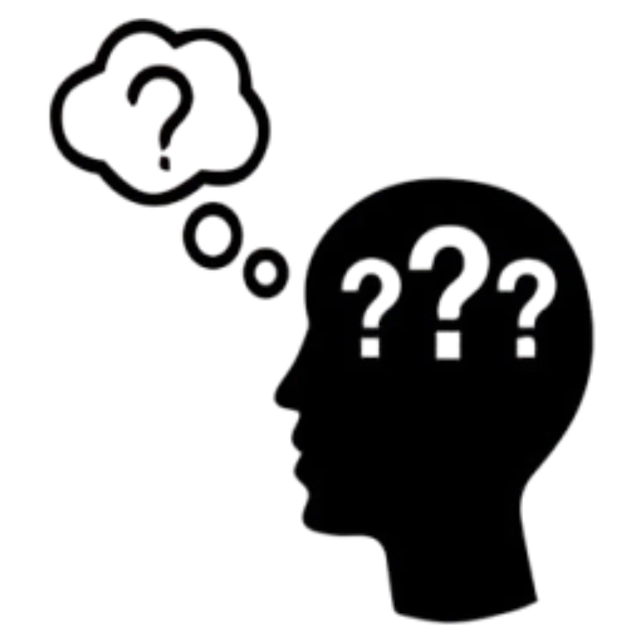icon showing figure head with question marks and thinking cloud