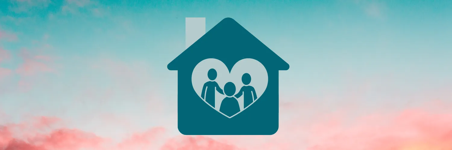 webpage banner featuring a graphic of a home with two parents and child inside a heart