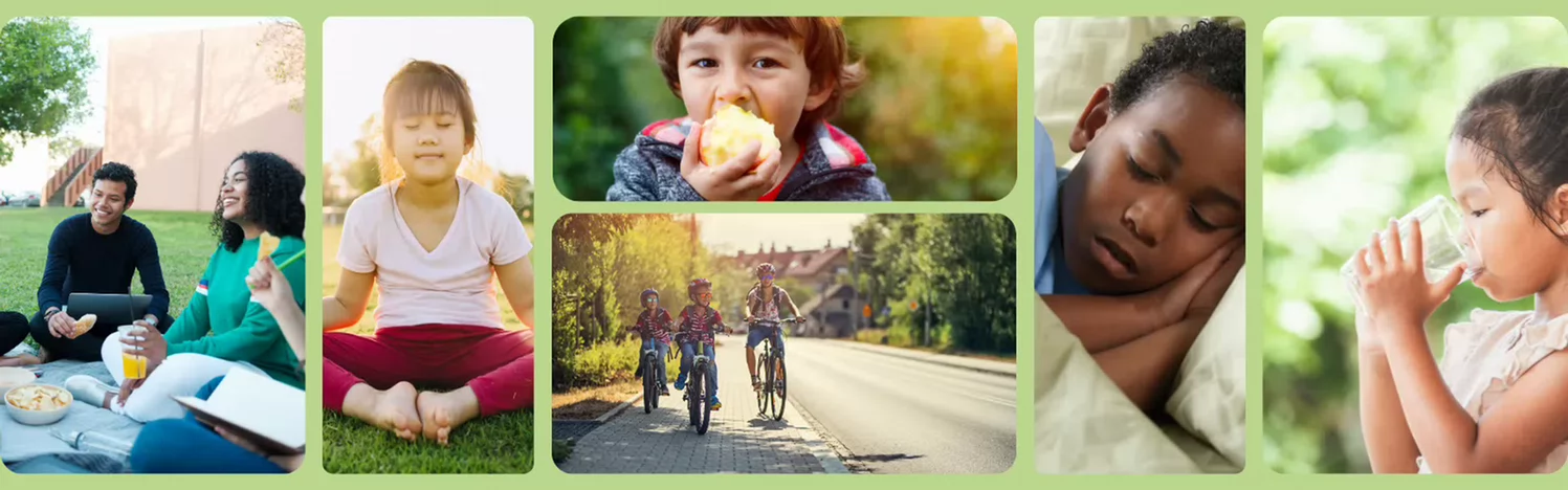 collage showing people doing healthy activities to improve mental health - biking, sleeping, drinking water, eating fruits, eating outside