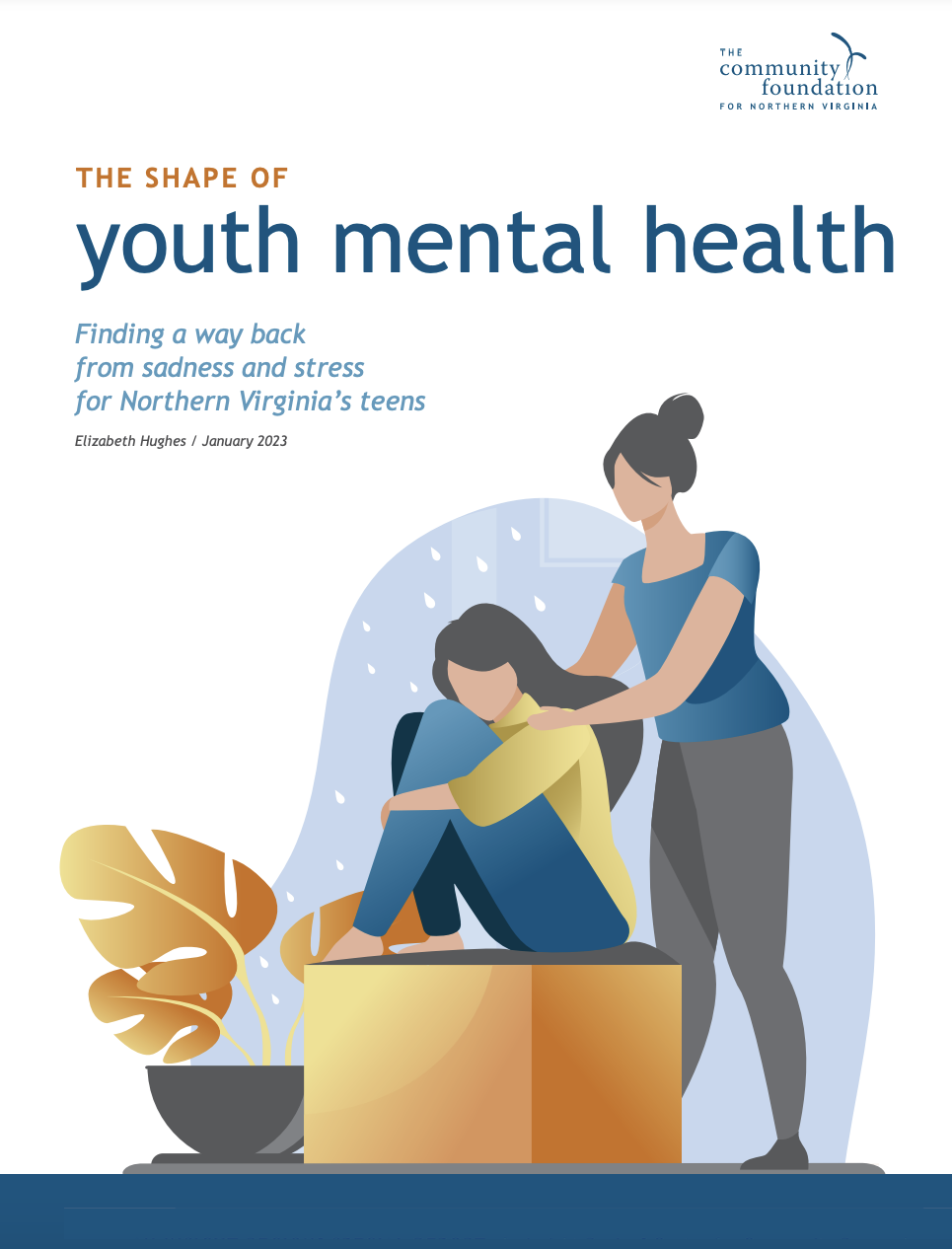 Cover of report titled - The shape of youth mental health - finding a way back from sadness and stress for Northern Virginia's teens - published by The Community Foundation of Northern Virginia