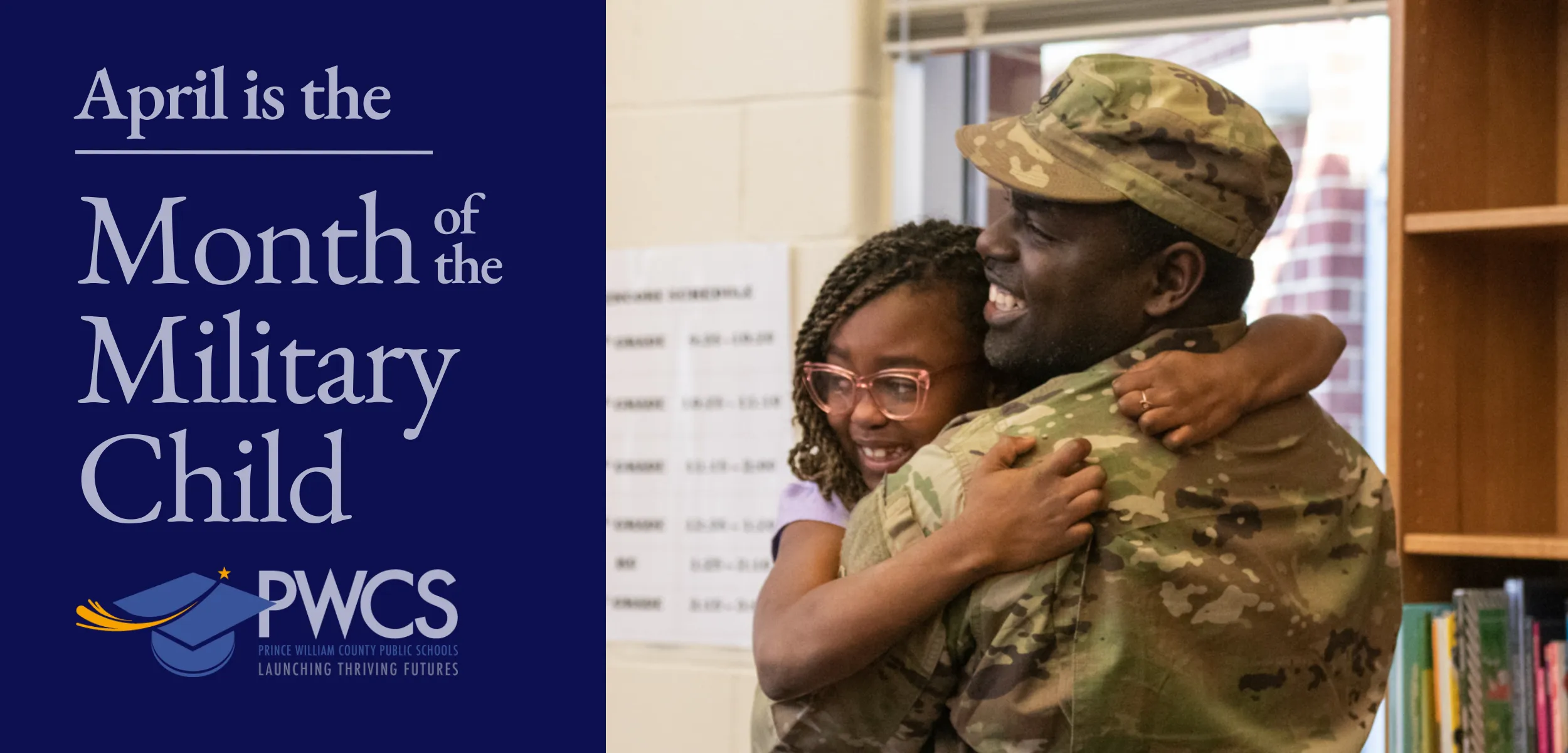 April is the Month of the Military Child webpage banner with PWCS Launching Thriving Futures logo