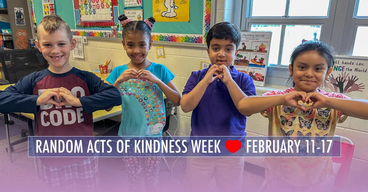 Random acts of kindness week, February 11-17, webpage banner featuring four children making a heart with their hands