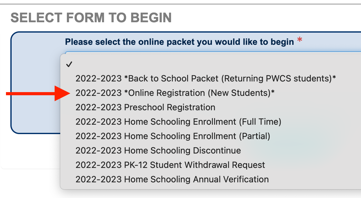 Screenshot of Online Registration packet choices with a red arrow pointing to the 2022-23 school year registration 