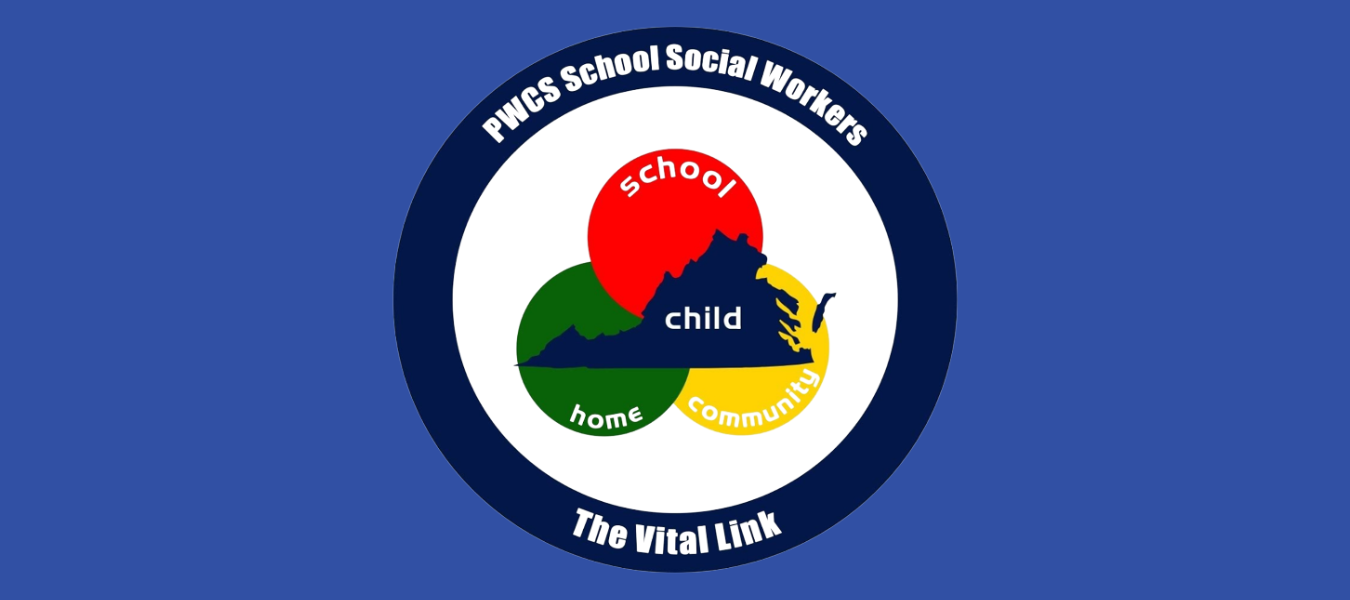 PWCS School Social Workers webpage banner featuring a drawing of Virginia with circles linked together with the words school, child, home, and community symbolizing the vital link
