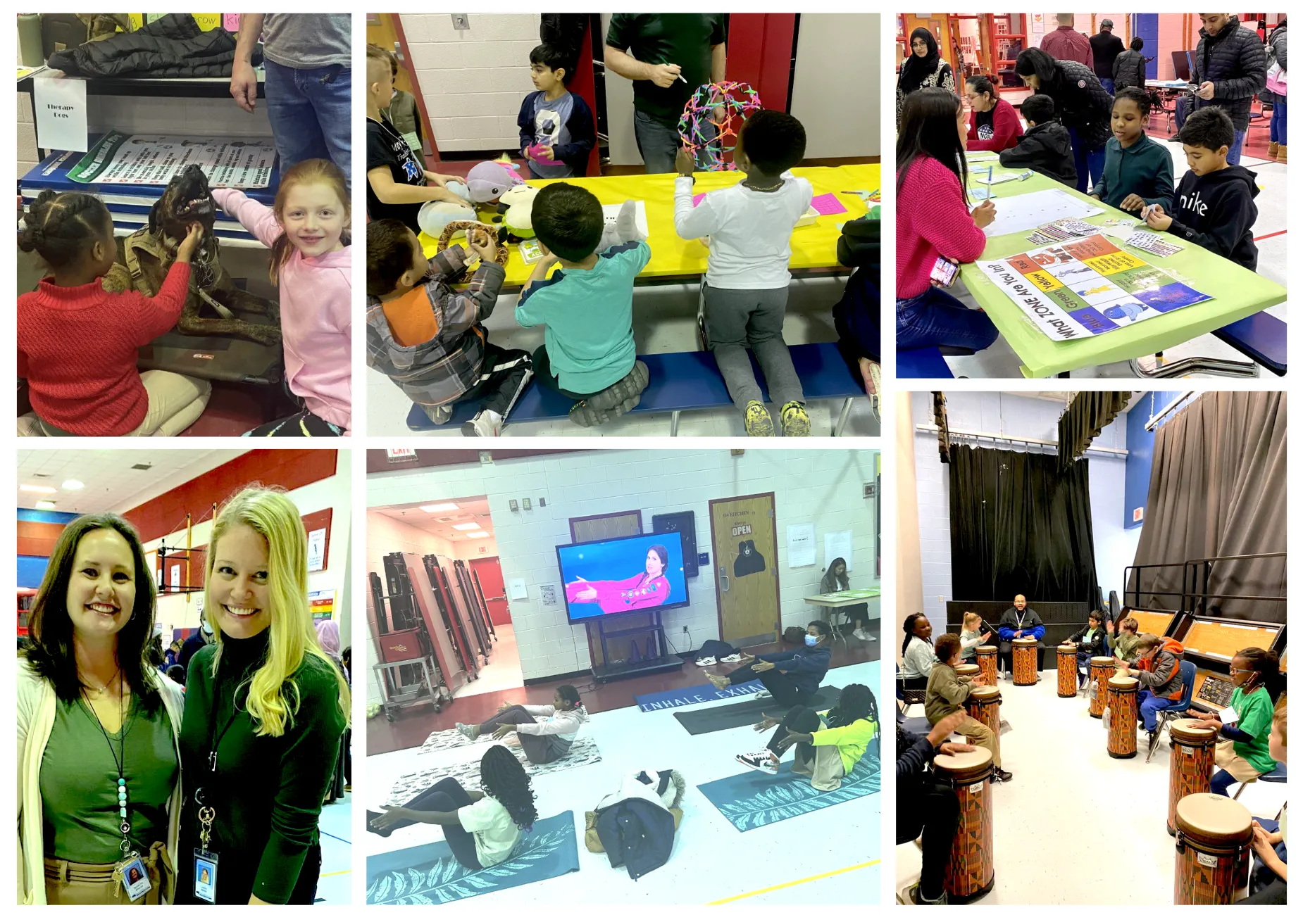 Collage of photos taking from Porter Traditional SEL event depicting various SEL activities for families and students