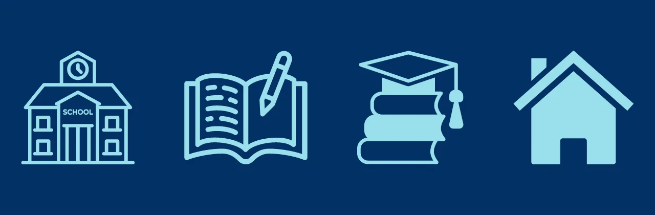 Webpage banner showing a school, pencil and paper, books and graduation cap, and house icons