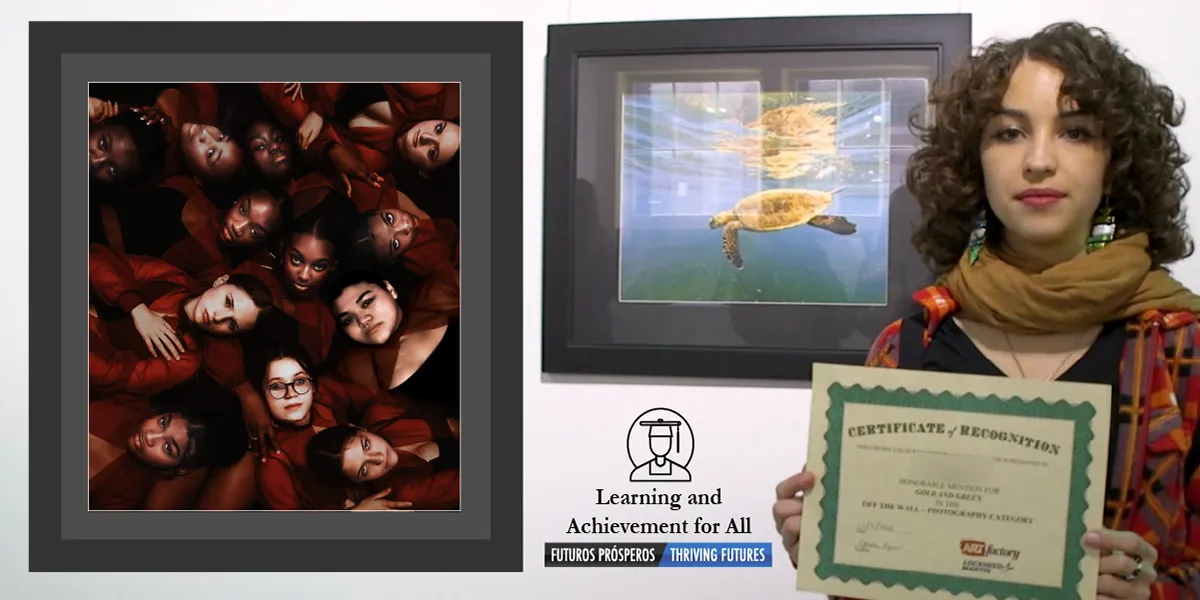 Photo of a high school student with brown curly shoulder-length hair, wearing silver earrings and a brown scarf, and plaid shirt, and holding a certificate of recognition from the ARTFactory standing next to a beautiful painting of a turtle floating in water. A separate framed piece of black and white art photography is also visible of the aerial view of faces and hands of young women laying in a circle. 