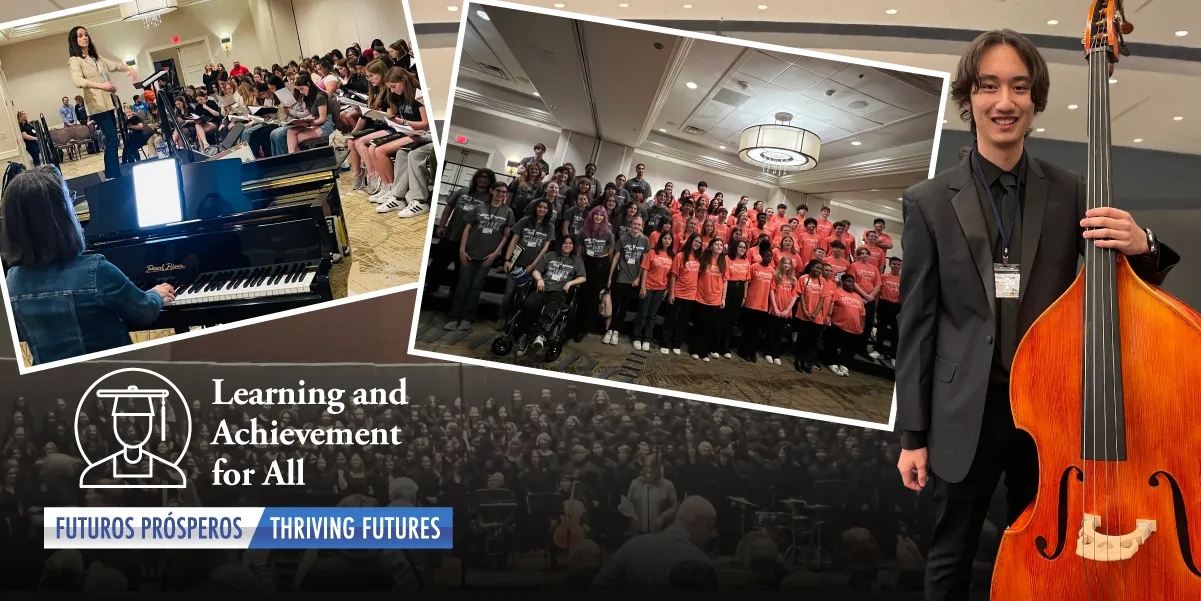 Collage of students singing and playing instruments