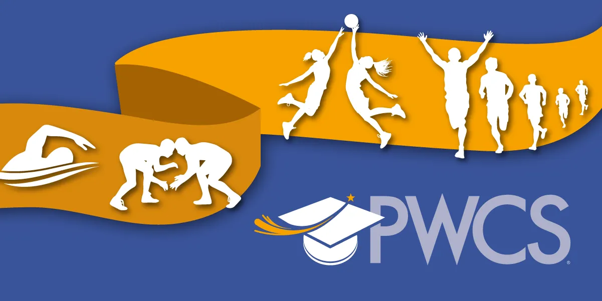 Graphic logo featuring the PWCS emblem alongside silhouettes of athletes in various sports, set against a blue background with a flowing orange ribbon.