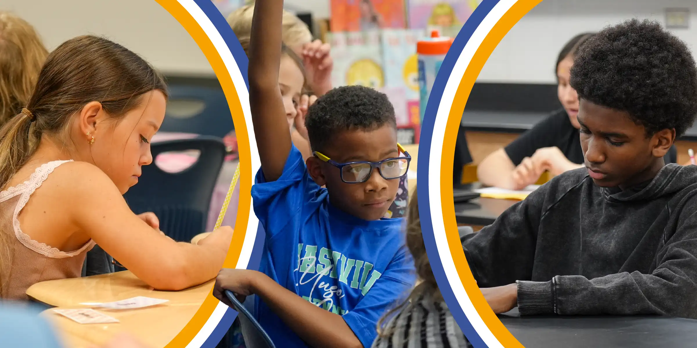 Students in a classroom, with one child raising his hand and others working at their desks, framed by overlapping blue and gold circular accents