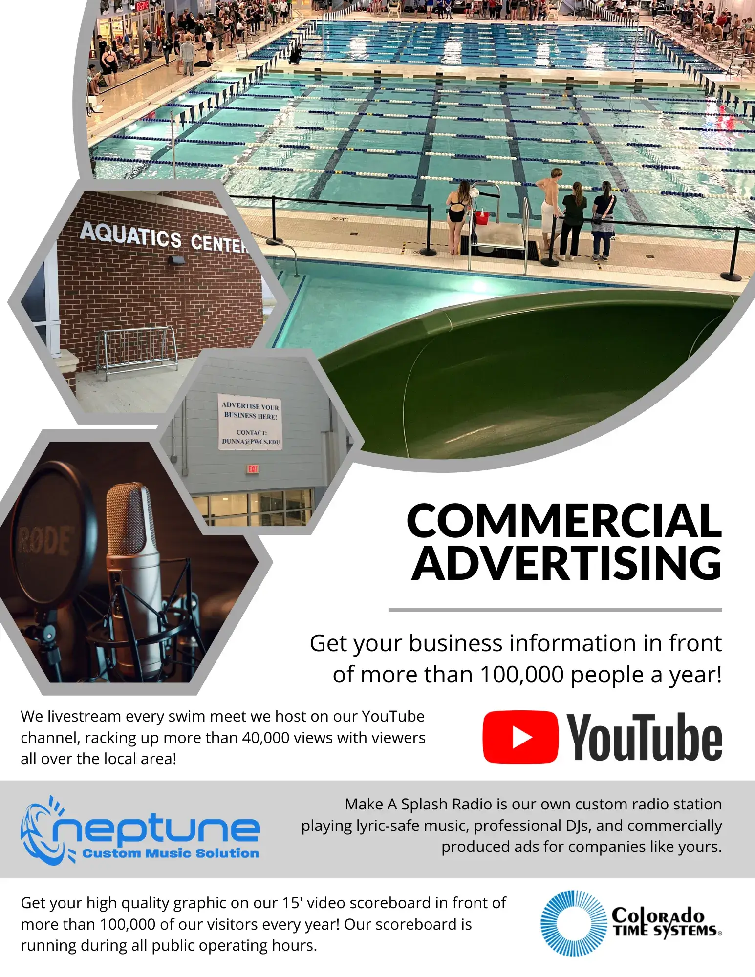 Flyer with photos of the Aquatics Center and a description of the different advertising opportunities available at the facility. Hyperlink to advertising interest form.