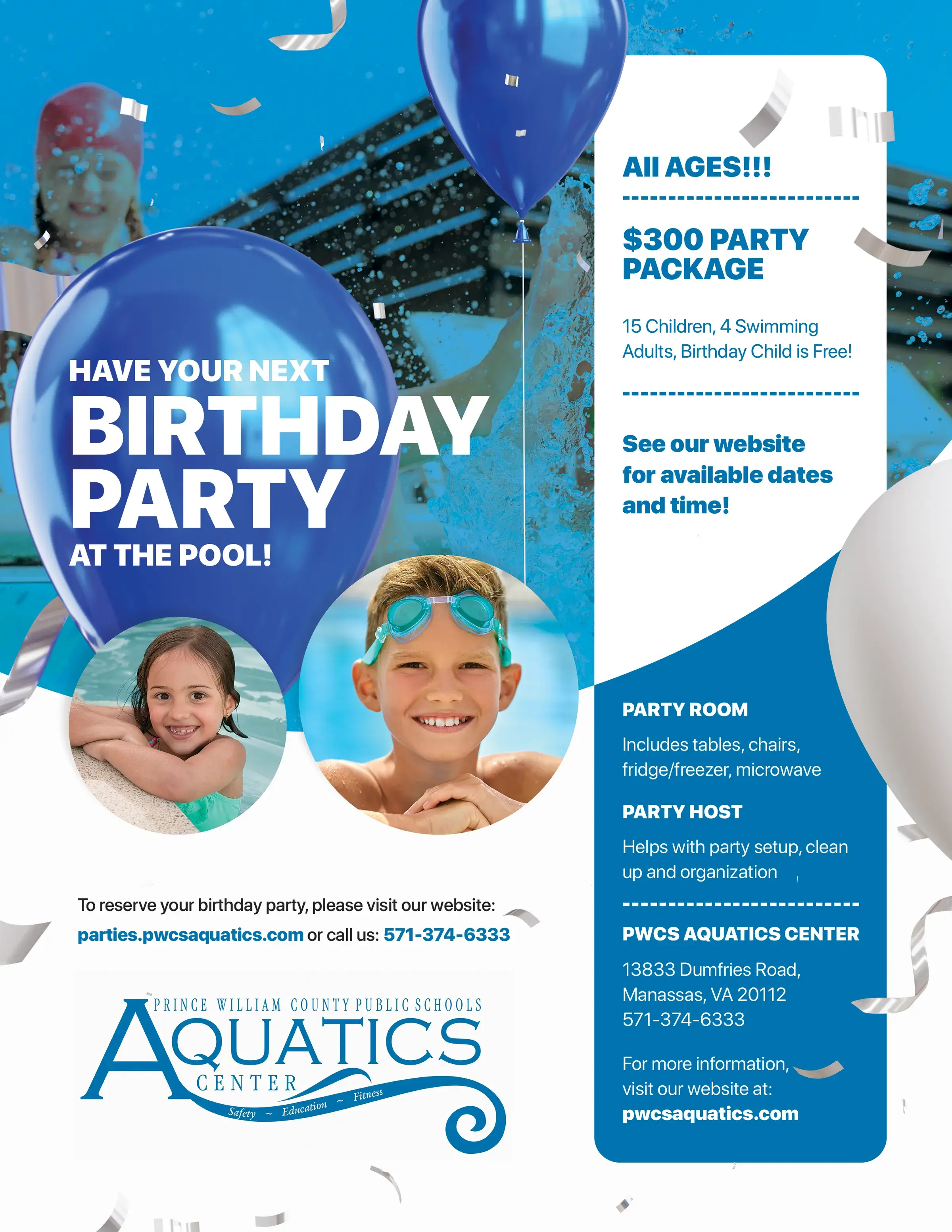 Informational advertisement flyer for birthday parties at the Aquatics Center. All information listed on this flyer is also available above on the page. Photo links to the reservation page for birthday party rentals.