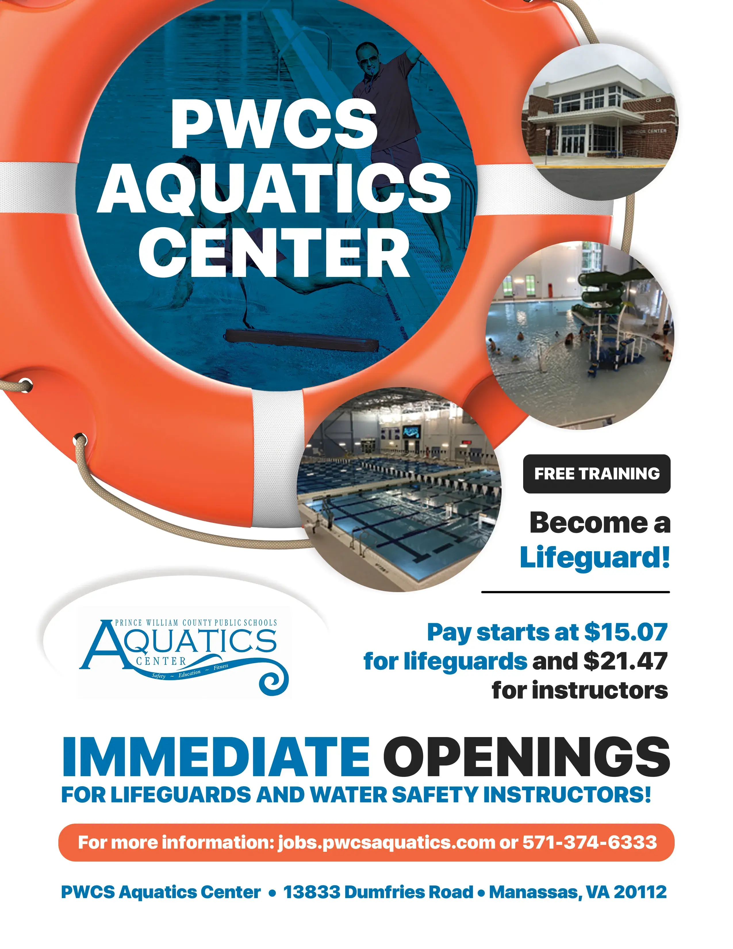 Hiring flyer for the Aquatics Center displaying available positions and rates; link to job interest form.