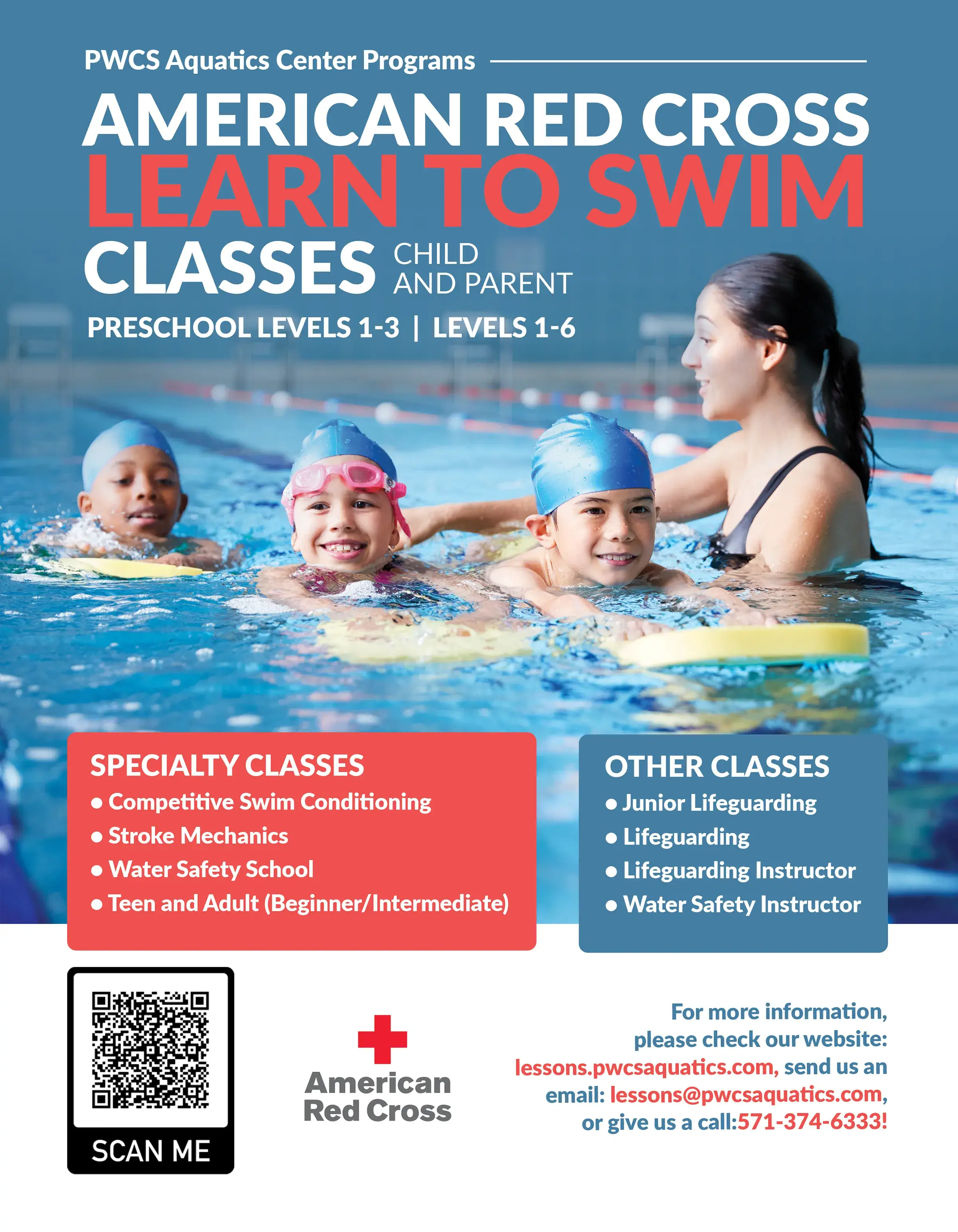 Promotional flyer for swim lessons at the PWCS Aquatics Center. Hyperlink to the swim lessons information page.