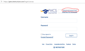 Captura de pantalla de la página de inicio de sesión de Canvas para padres con el enlace indicado