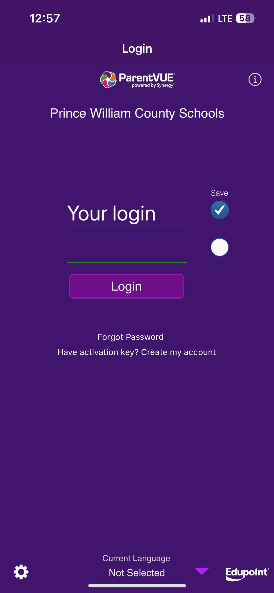 ParentVUE login screen