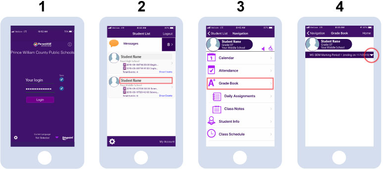 Screenshots showing the first four steps of viewing a student’s classes: logging in to the ParentVUE and StudentVUE app, selecting the desired student, then Grade Book, and then the dropdown option