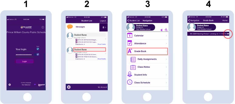 Screenshots showing the first four steps of viewing a student’s classes: logging in to the ParentVUE and StudentVUE app, selecting the desired student, then Grade Book, and then the dropdown option Screenshots showing the first four steps of viewing a student’s classes: logging in to the ParentVUE and StudentVUE app, selecting the desired student, then Grade Book, and then the dropdown option