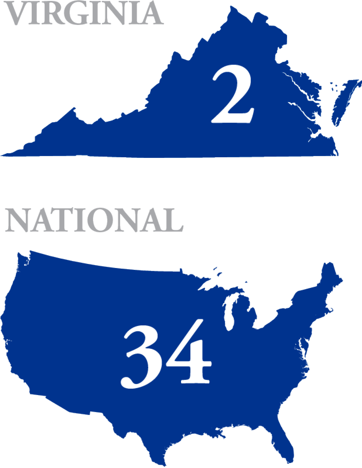 Maps of Virginia with the number 2 and the United States with the number 34