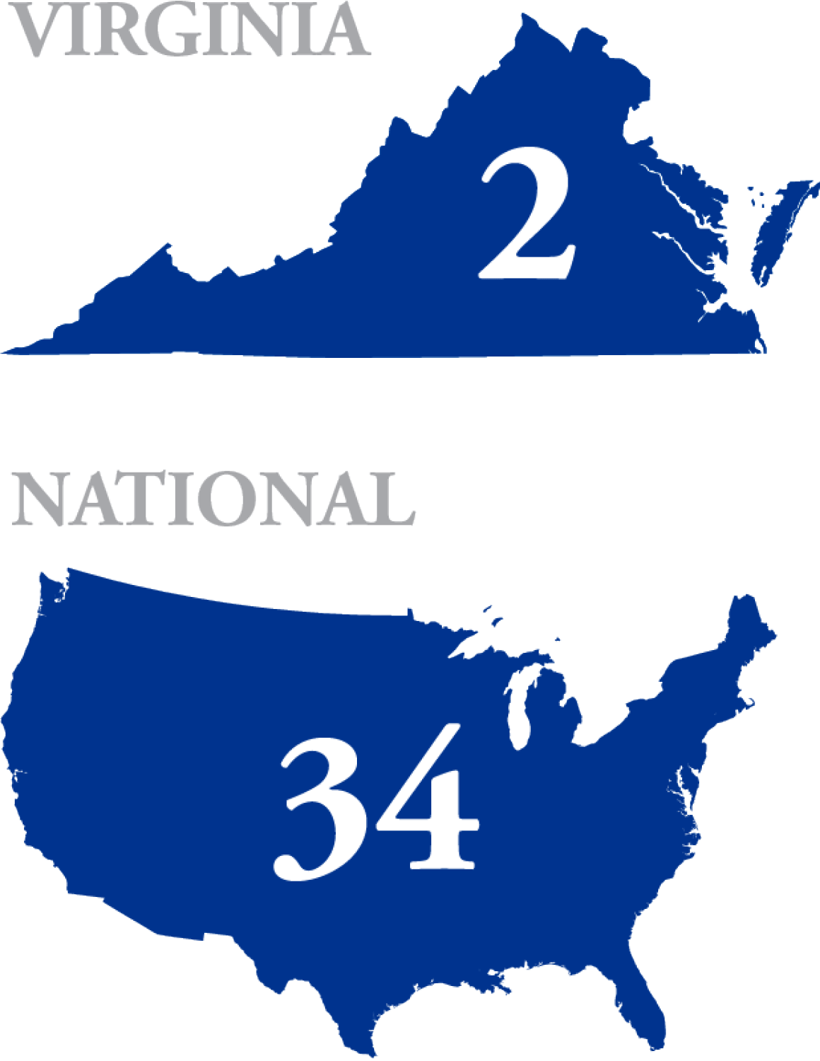 Maps of Virginia with the number 2 and the United States with the number 34 Maps of Virginia with the number 2 and the United States with the number 34
