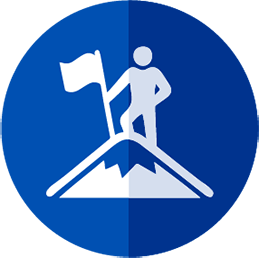 Resiliency icon -- icon is a person standing on a mountain with a planted flag inside of a circle