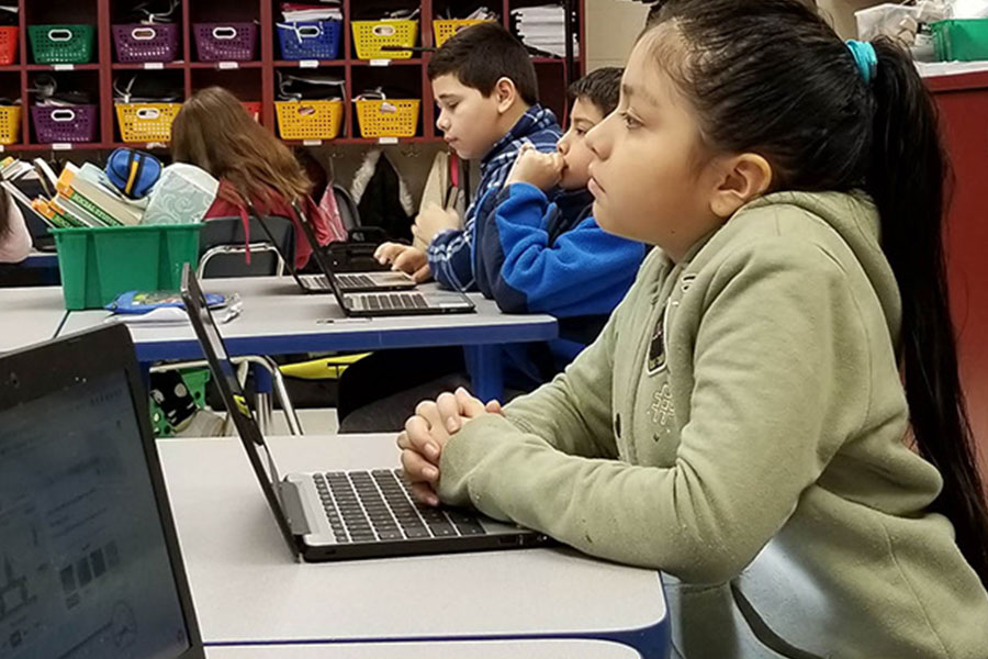 طلاب يجلسون في صف أمام كومبيوترات الفصل الدراسي