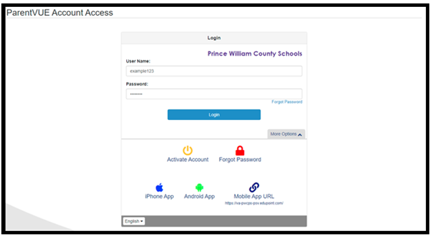 Screenshot of ParentVUE login page