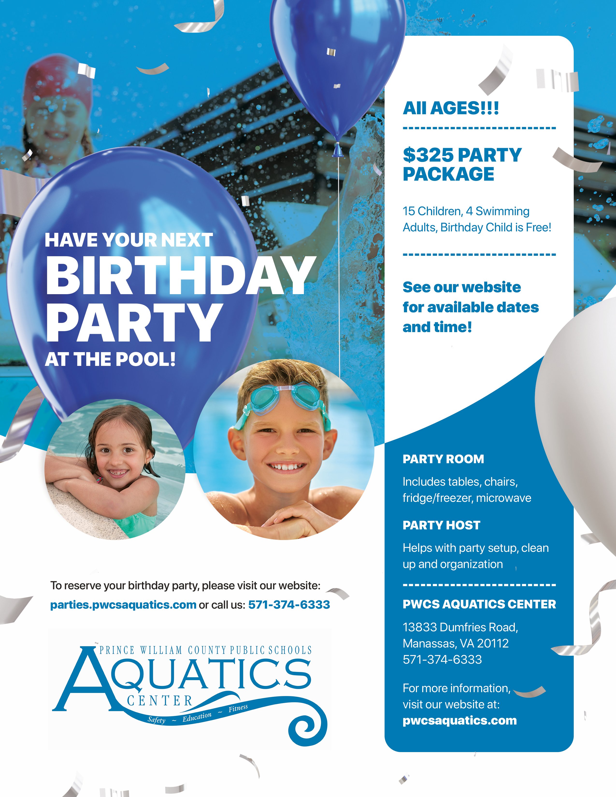 Decorative flyer advertising birthday parties at the PWCS Aquatics Center