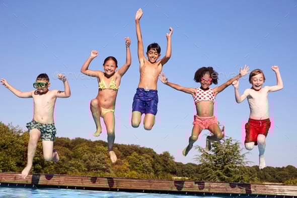 Children jumping into a pool
