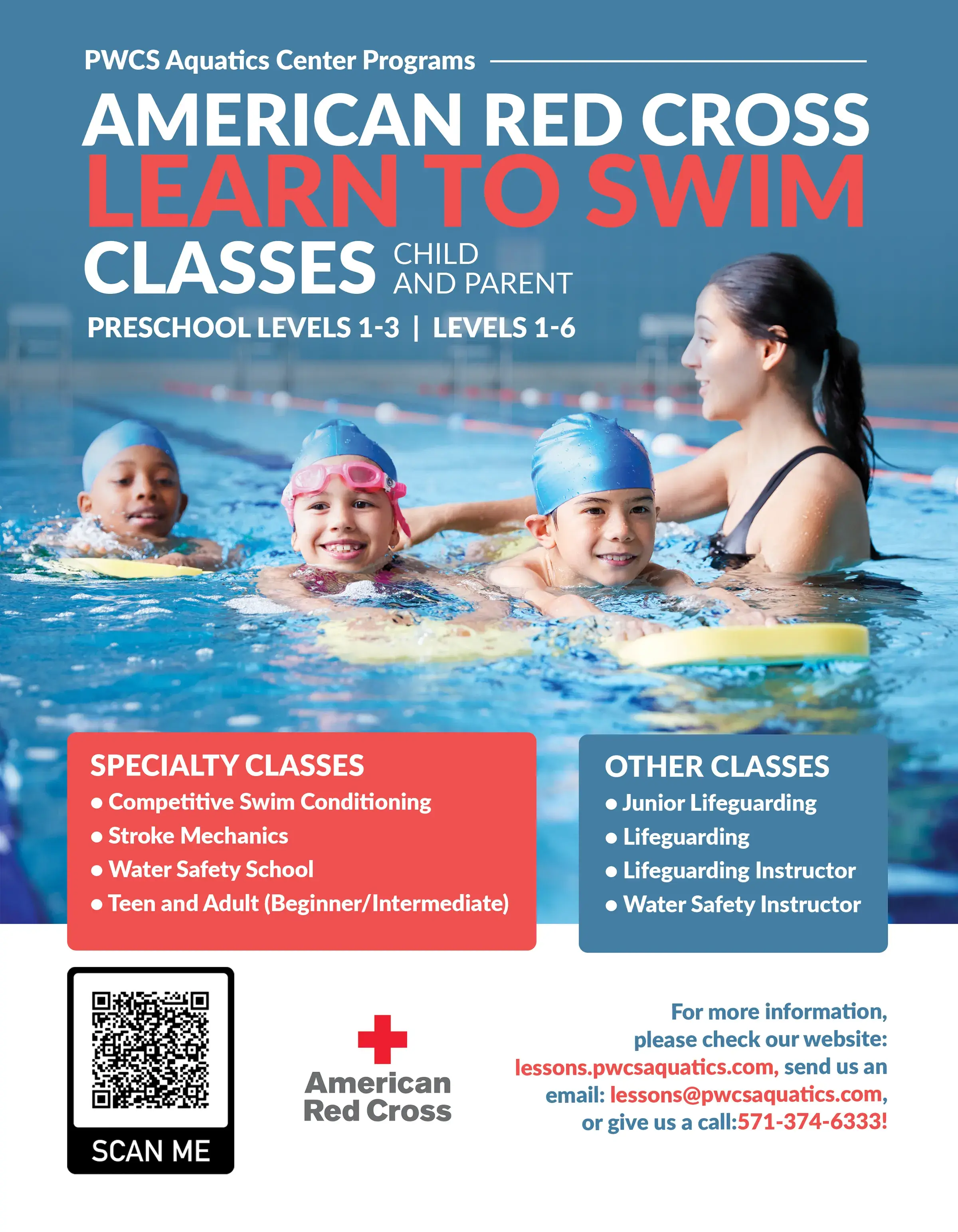 Flyer advertising swim lessons at the PWCS Aquatics Center