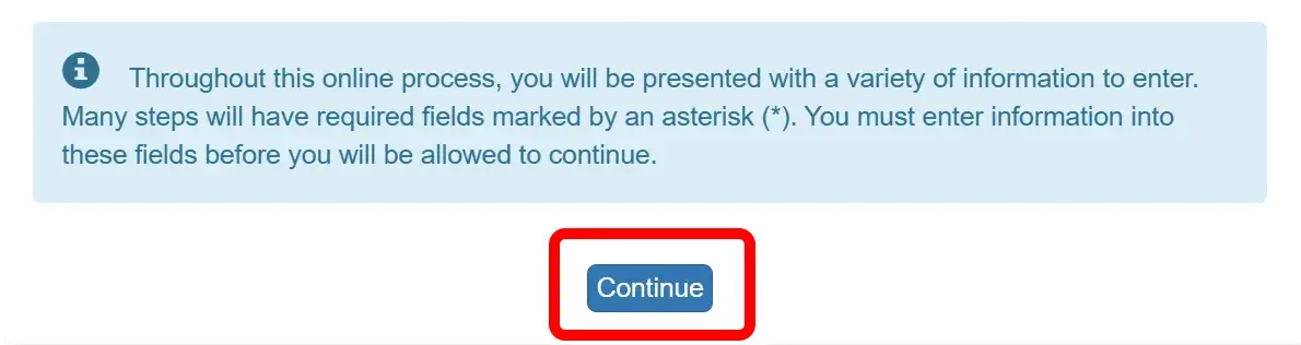 Screenshot of the home screen of the Annual Back to School Packet form with the continue button highlighted