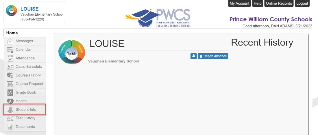 Screenshot of ParentVUE with highlight of the Student Info menu selection