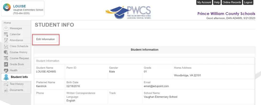 Screenshot of Student Info section of ParentVUE with highlight of the Edit Information button