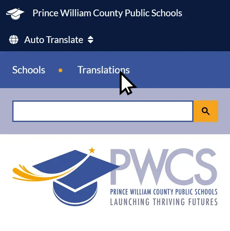 Screenshot of PWCS website with a mouse cursor over the word Translations